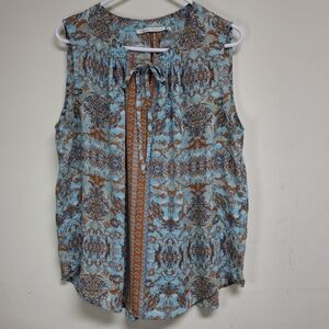 Violet & Claire Blue and Brown Sleeveless Flowy Blouse with Tie Front